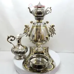 سماور برنجی زغالی 6 لیتری مدل جام دسته خوشه ای، کله شیر خروسی مینیاتوری