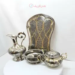 سماور برنجی زغالی 6 لیتری مدل جام دسته خوشه ای، کله شیر خروسی مینیاتوری