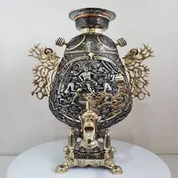 سماور برنجی زغالی ۸ لیتری مدل جام ریزه قلم اسلیمی و برجسته نقوش انسانی سبک اروپایی