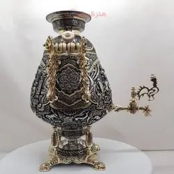 سماور برنجی زغالی ۸ لیتری مدل جام ریزه قلم اسلیمی و برجسته نقوش انسانی سبک اروپایی