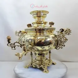 سماور برنجی زغالی ۶ لیتری مدل عدسی دسته ملکه کنده کاری سنتی خاص و انحصاری