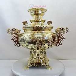 سماور برنجی زغالی ۶ لیتری مدل عدسی دسته ملکه کنده کاری سنتی خاص و انحصاری
