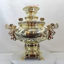 سماور برنجی زغالی ۶ لیتری مدل عدسی دسته ملکه کنده کاری سنتی خاص و انحصاری