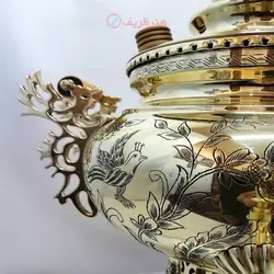 سماور برنجی زغالی ۶ لیتری مدل عدسی دسته ملکه کنده کاری سنتی خاص و انحصاری