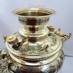 سماور برنجی زغالی ۶ لیتری مدل عدسی دسته ملکه کنده کاری سنتی خاص و انحصاری