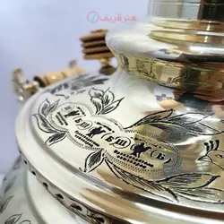 سماور برنجی زغالی ۶ لیتری مدل عدسی دسته ملکه کنده کاری سنتی خاص و انحصاری