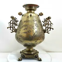 سماور برنجی زغالی ۶ لیتری مدل جام دسته توری خوشه ای جدید