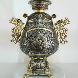 سماور زغالی برنجی ۸ لیتری مدل جام دسته ملکه پایه ستوندار ضخیم