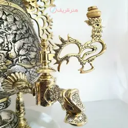 سماور زغالی برنجی ۸ لیتری مدل جام دسته ملکه پایه ستوندار ضخیم