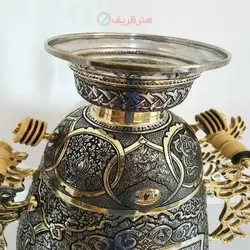 سماور زغالی برنجی ۸ لیتری مدل جام دسته ملکه پایه ستوندار ضخیم