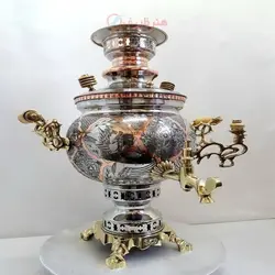 سماور برنجی زغالی ۶ لیتری مدل توپی( مسی ) کنده کاری مینیاتوری، ریز قلم سنتی تبریز