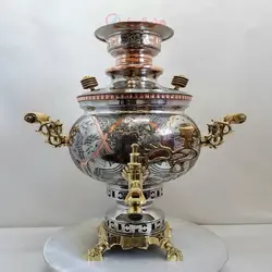 سماور برنجی زغالی ۶ لیتری مدل توپی( مسی ) کنده کاری مینیاتوری، ریز قلم سنتی تبریز