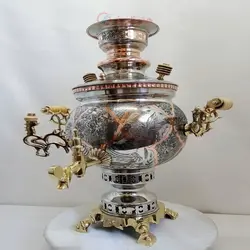 سماور برنجی زغالی ۶ لیتری مدل توپی( مسی ) کنده کاری مینیاتوری، ریز قلم سنتی تبریز