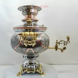 سماور برنجی زغالی ۶ لیتری مدل توپی( مسی ) کنده کاری مینیاتوری، ریز قلم سنتی تبریز