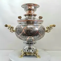 سماور برنجی زغالی ۶ لیتری مدل توپی( مسی ) کنده کاری مینیاتوری، ریز قلم سنتی تبریز