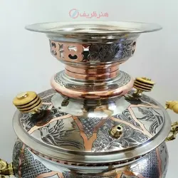 سماور برنجی زغالی ۶ لیتری مدل توپی( مسی ) کنده کاری مینیاتوری، ریز قلم سنتی تبریز