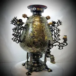 سماور برنجی زغالی ۶ لیتری مدل جام با سرویس ۴ تیکه ی خاص