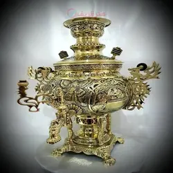 سماور ۸ لیتری مدل عدسی کله شیر خروسی مینیاتوری قلمزنی شده نقش خدایان یونان