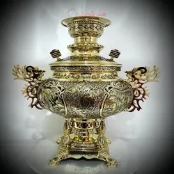 سماور ۸ لیتری مدل عدسی کله شیر خروسی مینیاتوری قلمزنی شده نقش خدایان یونان