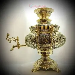 سماور برنجی زغالی ۸ لیتری مدل عدسی دسته ملکه قلمزنی نقش بزم و چهره