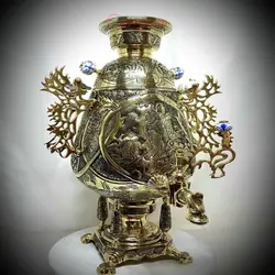 سماور زغالی ۸ لیتری مدل جام قلمزنی تلفیقی ریزه قلم ختایی، اسلیمی و بزم