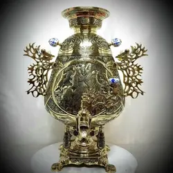 سماور زغالی ۸ لیتری مدل جام قلمزنی تلفیقی ریزه قلم ختایی، اسلیمی و بزم