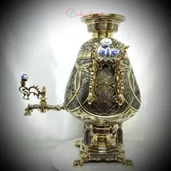 سماور زغالی ۸ لیتری مدل جام قلمزنی تلفیقی ریزه قلم ختایی، اسلیمی و بزم