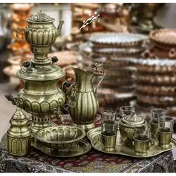 سرویس سماور ٢.٥ لیتری برنجی زغالی لبه دار آنتیک شده