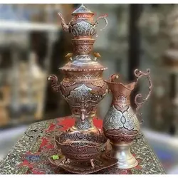 سرویس سماور زغالی قلمزنی برنجی ٣ لیتری آبکاری کوره ای