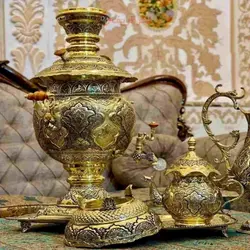 سرویس سماور قلمزنی زغالی، برقی برنجی 8 لیتری رنگ ثابت