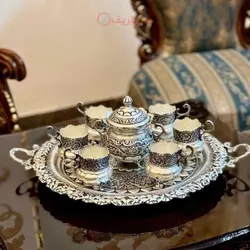 سرویس چایخوری مینیاتوری قلمزنی برجسته آبکاری نقره
