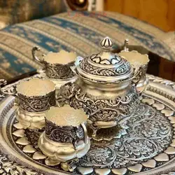 سرویس چایخوری مینیاتوری قلمزنی برجسته آبکاری نقره