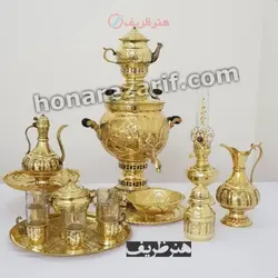 سرویس سماور زغالی 6 لیتری برنجی توپی قلم دست
