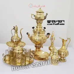 سرویس سماور زغالی 6 لیتری برنجی توپی قلم دست