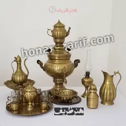 سرویس سماور زغالی برنجی 6 لیتری عدسی آینه ریز