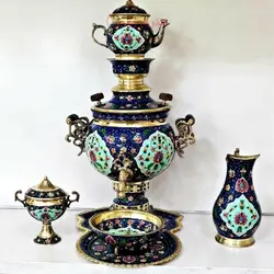 سرویس سماور برنجی میناکاری، چایخوری و آفتابه لگن