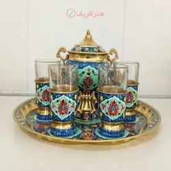 سرویس سماور برنجی میناکاری، چایخوری و آفتابه لگن