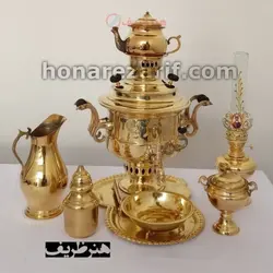 سرویس سماور برنجی 6 لیتری زغالی مدل قابلمه ای دو رنگ طلایی و آنتیک