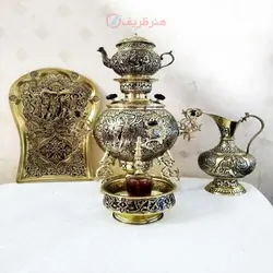 سرویس سماور 5 لیتری ذغالی برنجی جهان نما دسته توری (3 پایه)