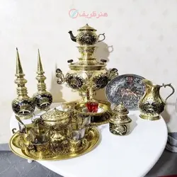 سماور برنجی زغالی 6 لیتری توپی دسته توری پایه ریخته با چایخوری، تنگ شاخدار، آفتابه لگن