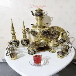 سماور برنجی زغالی 6 لیتری توپی دسته توری پایه ریخته با چایخوری، تنگ شاخدار، آفتابه لگن