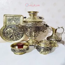 سماور زغالی برنجی سفارشی 6 لیتری قلمزنی طرح مینیاتور دسته تور، شیر بزرگ (ذغالی)