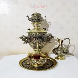 سماور برنجی زغالی سفارشی 6 لیتری دسته تور، شیر بزرگ طرح بزم و شادی (ذغالی)