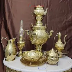 سماور زغالی برنجی هخامنشی 3 لیتری 9 پارچه (آفتابه لگن، چراغ، قندان)