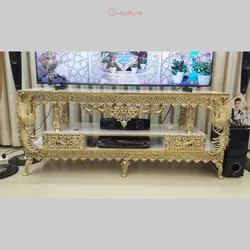 میز تلویزیون طرح طاووس طول 160 جنس آلیاژ آلومنیوم آبکاری برنز رنگ ثابت