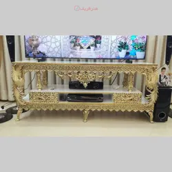 میز تلویزیون طرح طاووس طول 160 جنس آلیاژ آلومنیوم آبکاری برنز رنگ ثابت