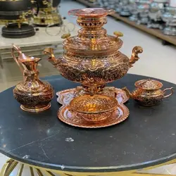 سرویس سماور برقی برنجی  5 تکه آبکاری مس و طلایی سیاه قلم