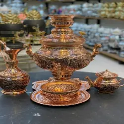 سرویس سماور برقی برنجی  5 تکه آبکاری مس و طلایی سیاه قلم