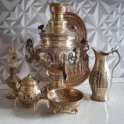 سماور برنجی 6 لیتری مدل عدسی، قلم دست، دسته توری و شیر خروسی، ضخیم و قابل استفاده