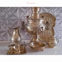 سماور ذغالی 6 لیتری توپی با سرویس 9 پارچه، تمام برنج خالص، قلمزنی دست و دوبل هواکش